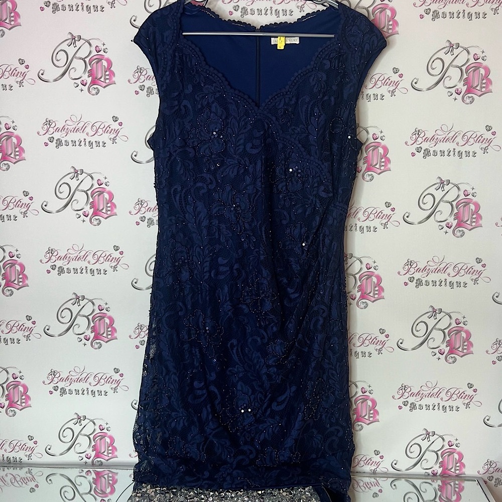 Jacques Vert Dress Embroidered Beaded Sequins Sparkly Lace Elegant Navy Blue